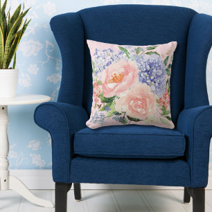 Vattenfärg Blå Rosa Hydrangea Peony Vår Blommig Kudde