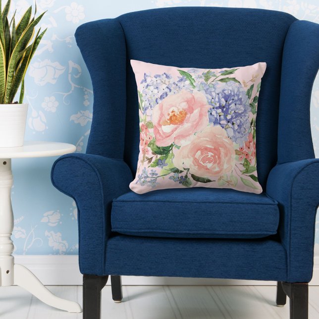 Vattenfärg Blå Rosa Hydrangea Peony Vår Blommig Kudde (in situ)