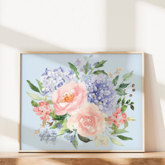 Vattenfärg Blå Rosa Hydrangea Peony Vår Blommig Poster