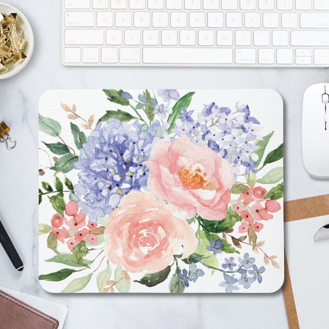 Vattenfärg Blå Rosa Hydrangea Peony Vårblomma Musmatta (In situ)