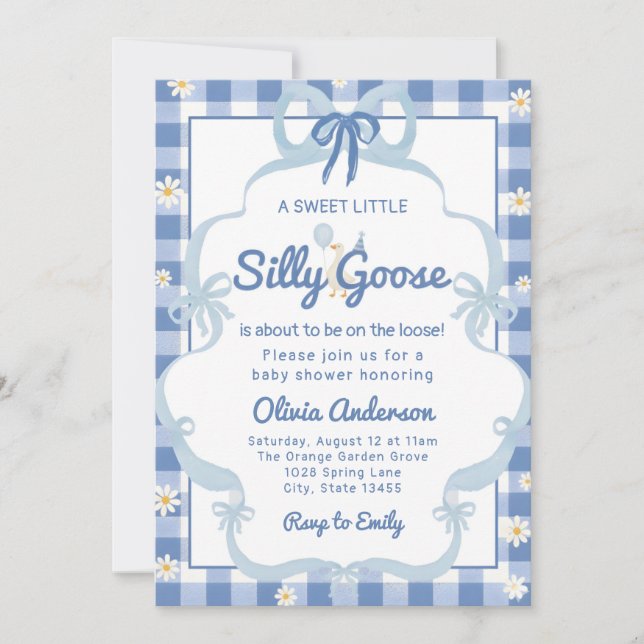 vattenfärg blå Silly Goose Gingham Band flicka Inbjudningar (Framsida)