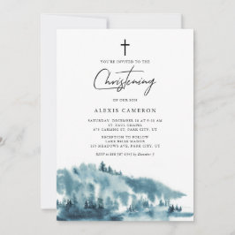 Vattenfärg Blå Skog Vinter Dop Inbjudningar