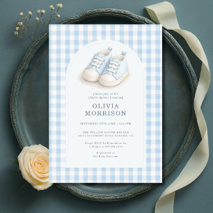 Vattenfärg Blå Skor Gingham Bebis Shower Inbjudningar