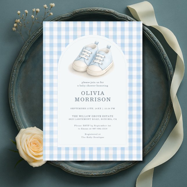 Vattenfärg Blå Skor Gingham Bebis Shower Inbjudningar (Skapare uppladdad)