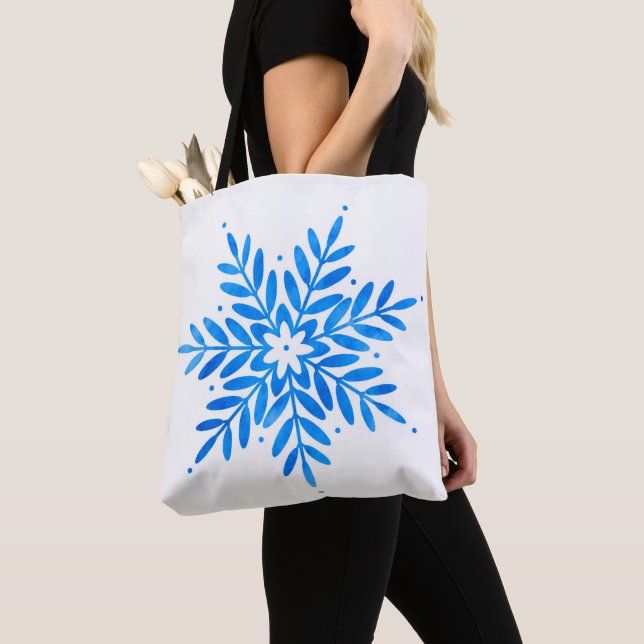 Vattenfärg Blå Snöflingemönster    Tygkasse (Närbild)