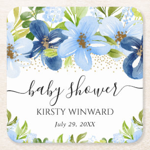 Vattenfärg Blå Sommarblommor Baby Shower Underlägg Papper Kvadrat