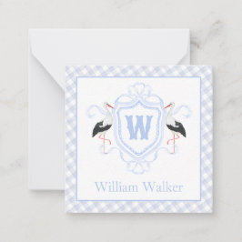 Vattenfärg Blå Stork Gingham Monogram Stämpel Anteckningskort