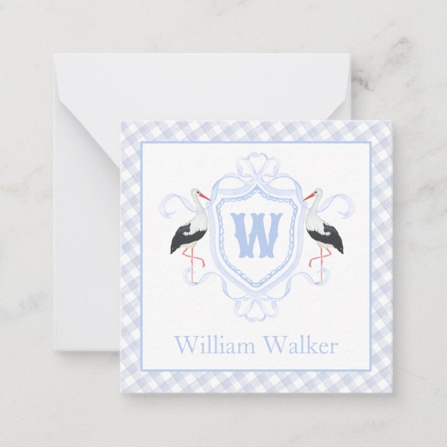 Vattenfärg Blå Stork Gingham Monogram Stämpel Anteckningskort (Framsida)
