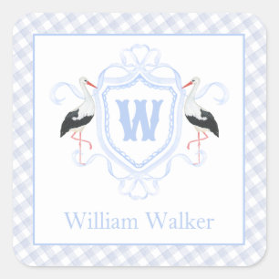 Vattenfärg Blå Stork Gingham Monogram Stämpel Fyrkantigt Klistermärke