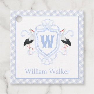 Vattenfärg Blå Stork Gingham Monogram Stämpel Gåvor Etiketter