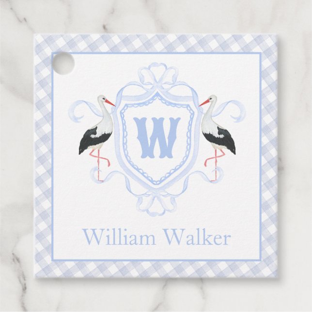 Vattenfärg Blå Stork Gingham Monogram Stämpel Gåvor Etiketter (Framsida)