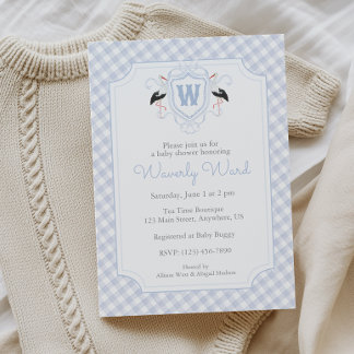 Vattenfärg Blå Stork Monogram Stämpel Babyfirande Inbjudningar