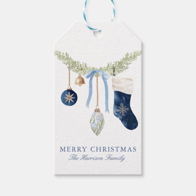 Vattenfärg Blå Strumpa Girlang Jul Presentetikett (Framsidan)
