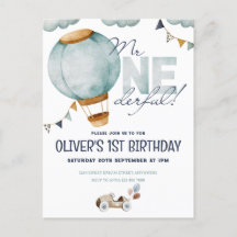 Vattenfärg Blå Varm Luft Ballong Mr ONEderful Pojk