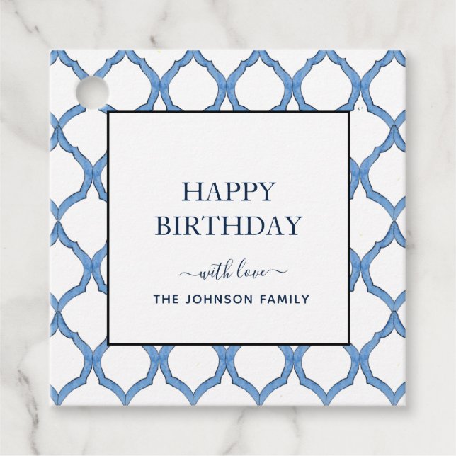 Vattenfärg Blå & vit Glad födelsedag presentkort Gåvor Etiketter (Framsida)