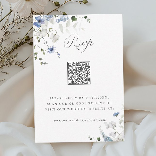 Vattenfärg Blå Vit Grön Blommig Bröllops QR-kod OSA Kort (Skapare uppladdad)