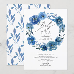 Vattenfärg Blåa blommor Baby Shower Tea Inbjudningar