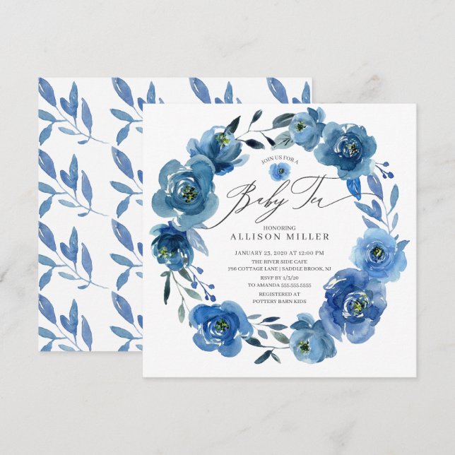 Vattenfärg Blåa blommor Baby Shower Tea Inbjudningar (Fram/baksida)