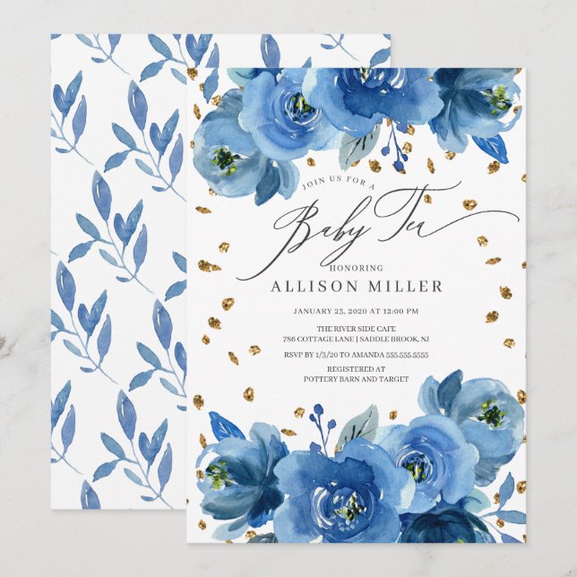 Vattenfärg Blåa blommor Baby Shower Tea Inbjudningar (Fram/baksida)