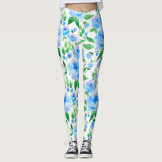 Vattenfärg blåa blommor leggings