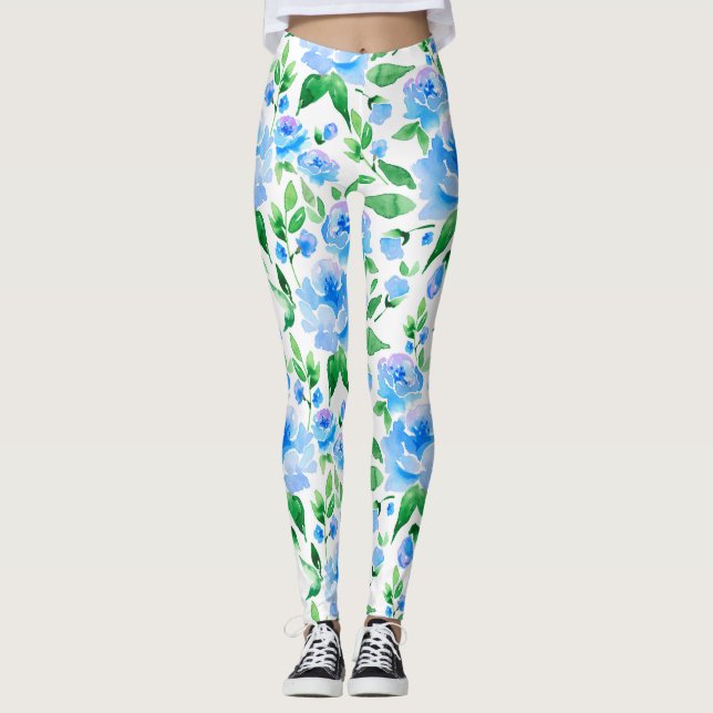 Vattenfärg blåa blommor leggings (Framsida)