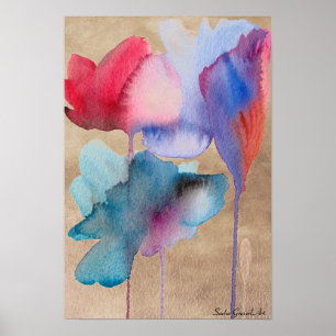 Vattenfärg blåa blommor modern blommigt på taupe poster
