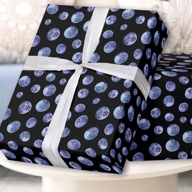 Vattenfärg blåbär Mönster Blue Black Presentpapper (Watercolor Blueberries Pattern Blue Black Wrapping Paper)