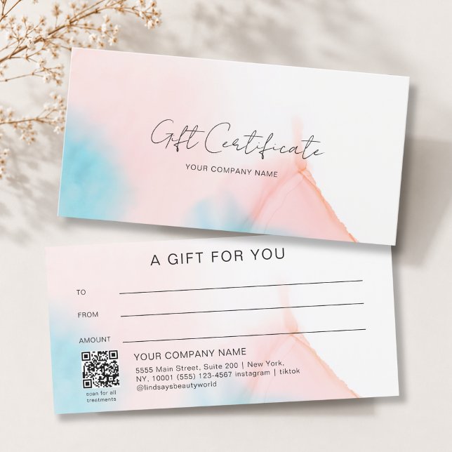 Vattenfärg Bläck QR-kod Presentcertifikat (Watercolor Ink QR Code Gift Certficate Blue Pink Beige White)