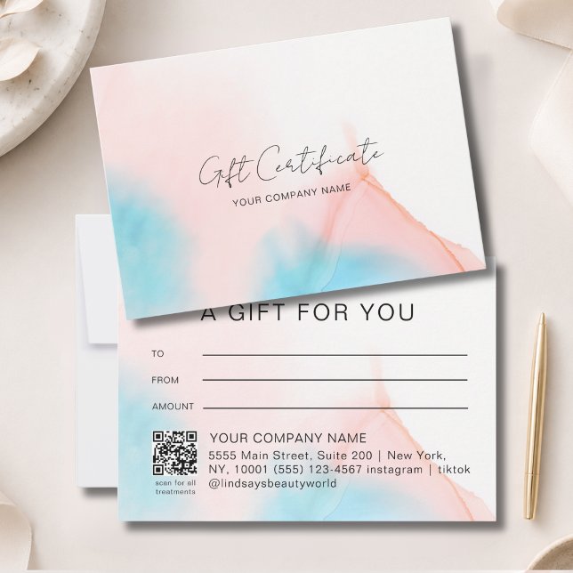 Vattenfärg Bläck QR-kod Presentcertifikat (Watercolor Ink QR Code Gift Certficate Blue Pink Beige)