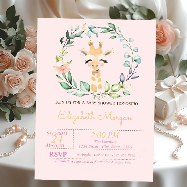 Vattenfärg Blad Blomma Bebis Giraff Baby Shower  Inbjudningar (Skapare uppladdad)