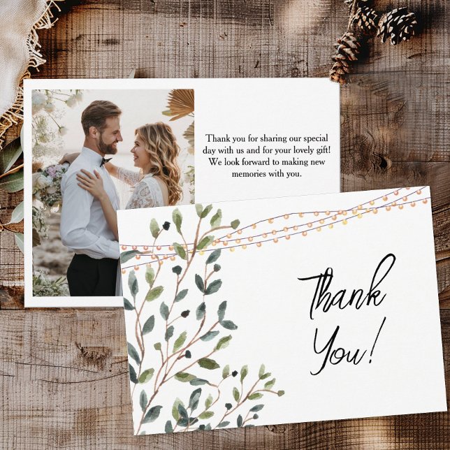 Vattenfärg Blad Foto Bröllop Tack Kort (Rustic botanical wedding thank you cards)