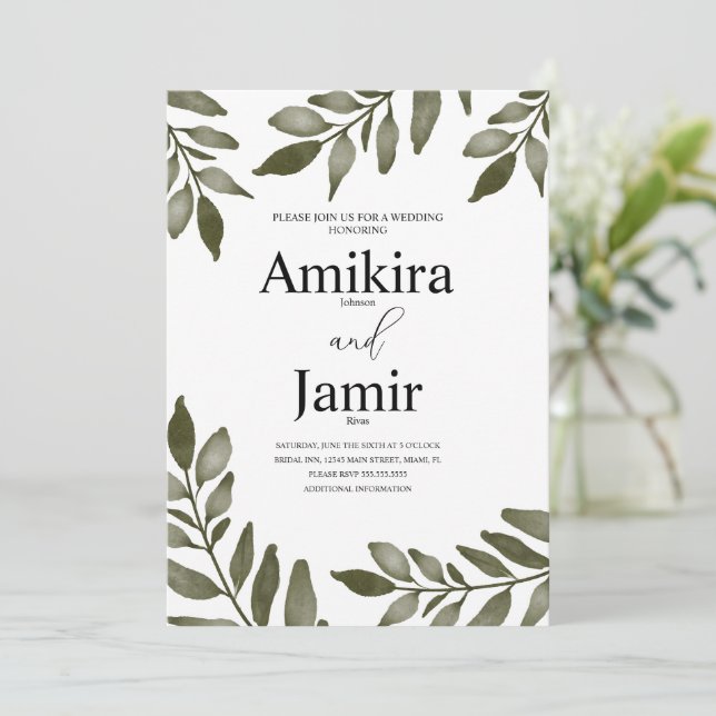 Vattenfärg blad gren grönska Enkel bröllop   Inbjudningar (Stående Fram)