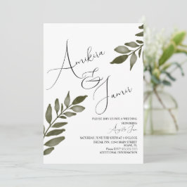 Vattenfärg blad gren grönska script bröllop inbjudningar