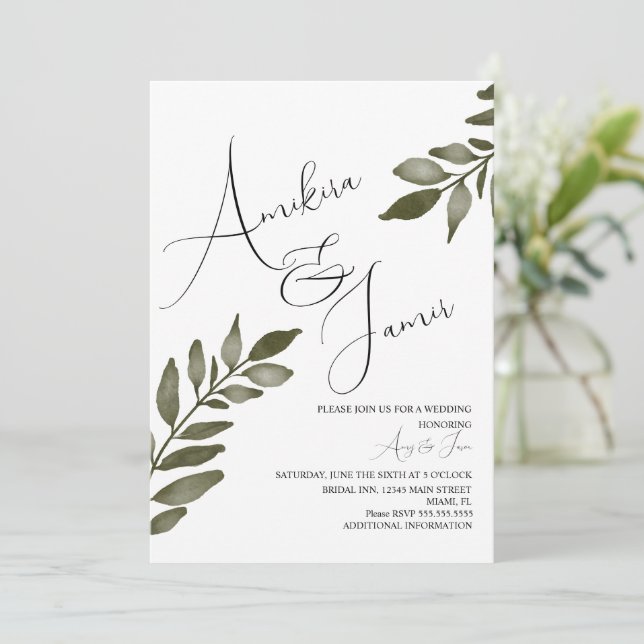 Vattenfärg blad gren grönska script bröllop  inbjudningar (Stående Fram)