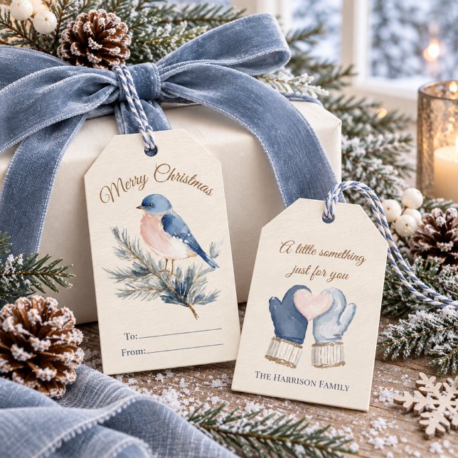 Vattenfärg Blåfågel Tall Jul Presentetikett (Skapare uppladdad)