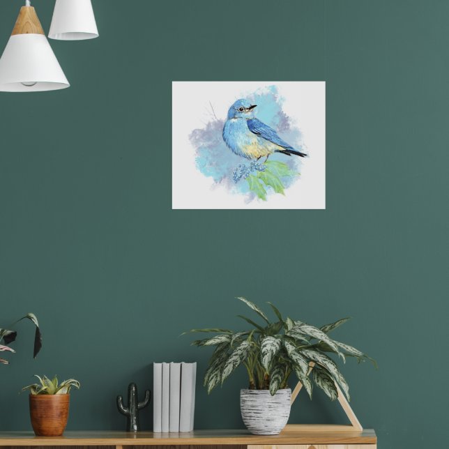 Vattenfärg Blåfågel Vacker Blå Trädgård Fågel Affi Poster (Vardagsrum 1)