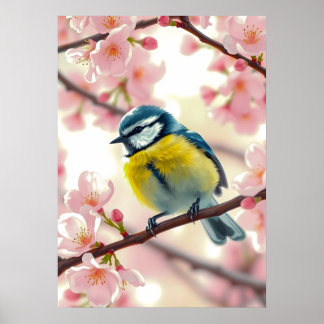 Vattenfärg Blåmes Fågel på Äppelträd Vår Post Poster