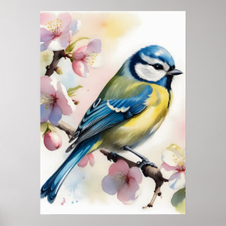 Vattenfärg Blåmes Fågel på Äppelträd Vår Poster