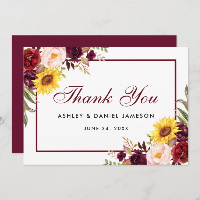 Vattenfärg Blandad Blommig Burgunder Röd Bröllop Tack Kort (Fram/baksida)