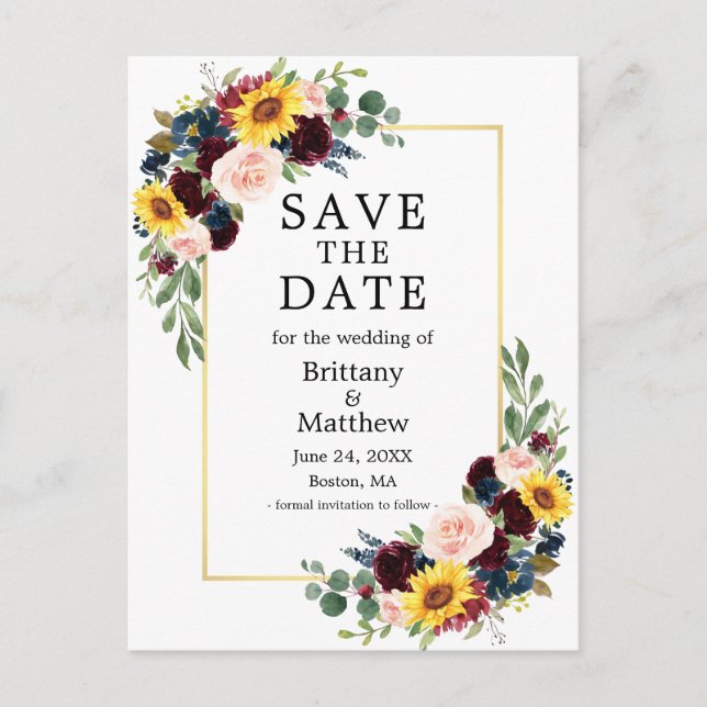 Vattenfärg Blandad Blommig Guld Ram Spara Datum Vykort (Framsida)