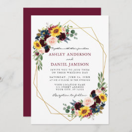 Vattenfärg Blandad Blommigt Burgundy Bröllop Geome Inbjudningar