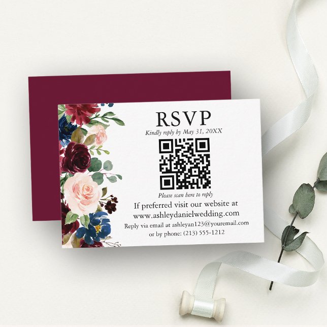 Vattenfärg Blandad Blommigt Burgundy QR OSA Bröllo Tilläggskort (Customize to change text color, text style or color of back of card.)