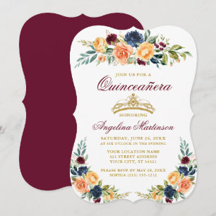 Vattenfärg Blandad Blommigt Burgundy Quinceanera Inbjudningar