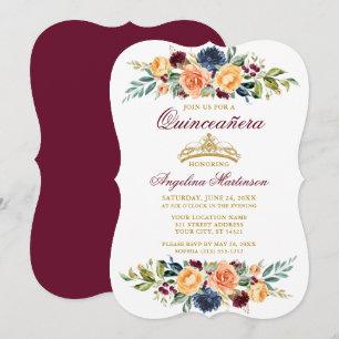 Vattenfärg Blandad Blommigt Burgundy Quinceanera Inbjudningar