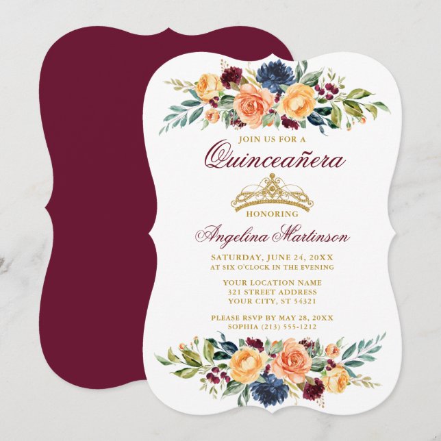 Vattenfärg Blandad Blommigt Burgundy Quinceanera Inbjudningar (Fram/baksida)