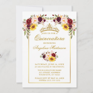 Vattenfärg Blandad Blommigt Guld Ram Quinceanera Inbjudningar