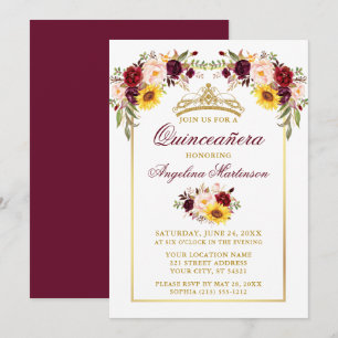 Vattenfärg Blandad Blommigt Quinceanera Guld Ram Inbjudningar