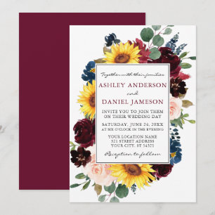 Vattenfärg Blandad Blommigt Ram Bröllop Burgundy Inbjudningar