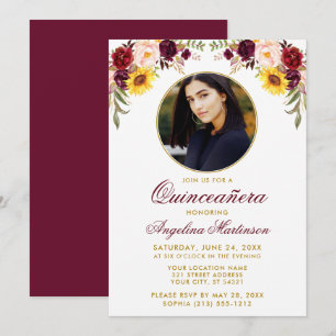 Vattenfärg Blandad Blommigt Rund Ram Quinceanera Inbjudningar