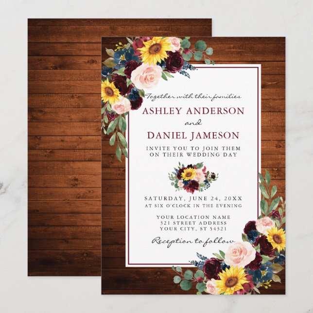 Vattenfärg Blandad Blommigt Wood Burgundy Bröllop Inbjudningar (Fram/baksida)